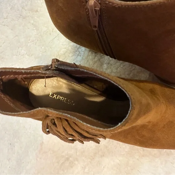 Express Tan Suede Ankle Chelsea Booties with Fringe & Open Toe - Picture 12 of 16